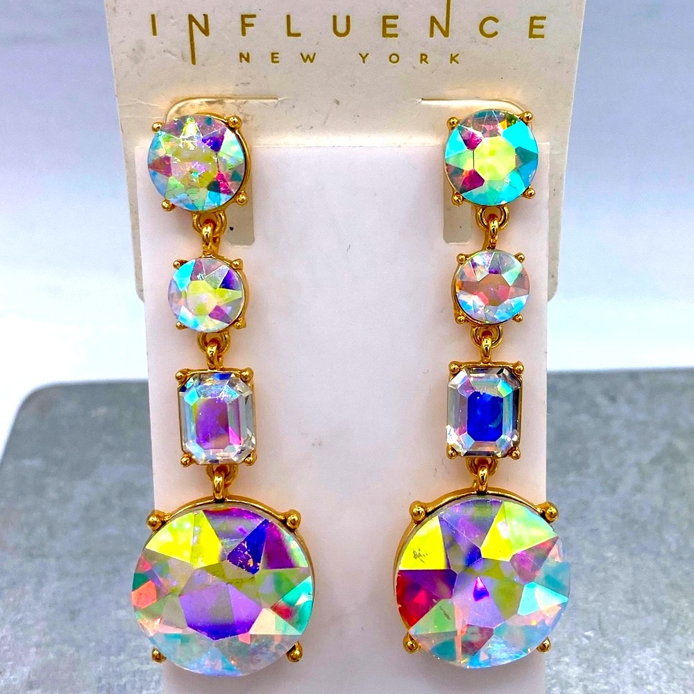 INFLUENCE AURORA BOREALIS Clear Rhinestone Gold Tone Dangle Pierced Earrings